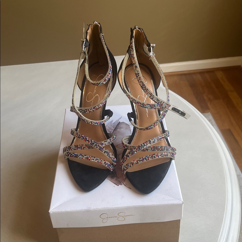 Jessica Simpson Black and Multicolor Strappy Heels
